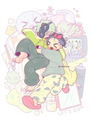  2boys alien_stage alternate_costume anger_vein black_mask bow candle charm_(object) coldmeow commentary english_text green_hoodie grey_sweater hair_spray highres hood hoodie hug ivan_(alien_stage) male_focus mask mask_on_head mirror multiple_boys pajama_pants pants pencil pink_slippers red_bow sleep_mask slippers star_(symbol) star_print sweater till_(alien_stage) yellow_pants 