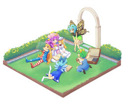  6+girls absurdres american_flag_dress american_flag_legwear antennae aqua_hair arch blonde_hair blue_bow blue_dress blue_hair blush book bow bowtie breasts briefcase butterfly_wings capelet cirno clownpiece commentary_request crescent crescent_hat_ornament daiyousei detached_wings dress eternity_larva fairy fairy_wings flower garden green_dress green_hair hair_bow hat hat_ornament highres holding holding_book ice ice_wings insect_wings jester_cap large_breasts leaf leaf_on_head leaning_on_person leaning_to_the_side lily_white long_hair lying mob_cap multicolored_dress multiple_girls on_stomach open_book open_mouth pantyhose patchouli_knowledge pink_capelet pink_hat polka_dot polka_dot_headwear purple_hair purple_hat reading red_bow red_bowtie red_eyes sitting sleeping sleeping_on_person smile star_(symbol) star_print striped_clothes striped_dress striped_pantyhose touhou violet_eyes white_capelet white_dress white_hat wings yellow_bow yellow_flower yellow_wings yoruniwa 