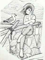  1girl artist_name bag barefoot bird bottle closed_mouth commentary_request dated figure_four_sitting full_body greyscale hand_on_own_cheek hand_on_own_face hatching_(texture) head_rest linear_hatching looking_at_animal medium_hair monochrome on_rock original outdoors pants rope seagull sitting smile solo tank_top traditional_media zpihr6jprso2r2l 