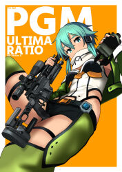  1girl anti-materiel_rifle black_gloves black_leotard black_shorts black_trim blue_eyes blue_hair border breasts covered_mouth cowboy_shot cropped_jacket detached_pants double-parted_bangs fingerless_gloves gloves green_jacket green_pants gun hair_between_eyes hair_ornament hairclip hands_up highleg highleg_leotard highres holding holding_weapon jacket leotard long_sleeves looking_at_viewer medium_breasts medium_hair multicolored_jacket multicolored_leotard object_request open_clothes open_jacket orange_background orange_leotard outside_border pants pgm_ultima_ratio rifle scarf short_shorts shorts sidelocks sinon skindentation sniper_rifle solo sword_art_online thigh_strap timmyyen two-tone_jacket variant_set weapon weapon_name white_border white_jacket white_leotard white_scarf 