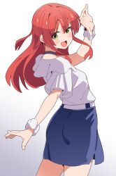  1girl ass black_choker blue_skirt blush blush_stickers bocchi_the_rock! breasts choker commentary_request frilled_wrist_cuffs frills highres kita_ikuyo long_hair looking_at_viewer looking_to_the_side noyama_takenoko open_mouth red_hair shirt skirt small_breasts smile solo white_shirt white_wrist_cuffs wrist_cuffs yellow_eyes 