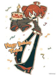  1girl ahoge areola_slip artist_name birthday_cake black_boots boots buttons cake candle character_name closed_mouth collared_shirt colored_shoe_soles commentary_request confetti deformed detached_sleeves double-parted_bangs drill_hair english_text flat_chest food full_body grey_shirt grey_skirt grey_sleeves hair_between_eyes happy_birthday high_heel_boots high_heels highres holding holding_tray kasane_teto kasane_teto_(utau) legs_apart long_legs long_sleeves looking_at_viewer miniskirt multicolored_boots musical_note no_nose number_tattoo outline outstretched_arms pale_skin pleated_skirt pocket red_boots red_eyes red_hair red_trim shirt short_hair shoulder_tattoo simple_background skirt sleeveless sleeveless_shirt sleeves_past_fingers sleeves_past_wrists smile solo standing standing_on_one_leg star_(symbol) star_in_eye symbol_in_eye takawoyu tareme tattoo thigh_boots tray twin_drills two-tone_boots utau white_background wide-eyed wide_sleeves yellow_outline zettai_ryouiki 