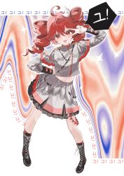  1girl absurdres ahoge belt black_boots boots buttons double-breasted dress drill_hair frilled_skirt frills full_body grey_jacket grey_skirt hair_ribbon hands_up high_collar highres jacket kasane_teto kasane_teto_(sv) layered_dress navel open_mouth red_eyes red_hair red_trim ribbon shoulder_boards simple_background skirt smile solo speech_bubble standing synthesizer_v syuen_(syuen1003) twin_drills twintails utau v v_over_eye 