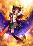  ahoge arm_cannon black_legwear black_wings boots bow breasts brown_hair cape hair_bow long_hair open_mouth red_eyes reiuji_utsuho skirt smile solo thigh-highs thighhighs touhou virus_(obsession) weapon wings 