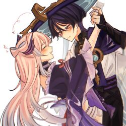  1boy 1girl aqua_gem arched_back armor arms_up arrow_(symbol) belt black_belt black_bodysuit black_bridal_gauntlets black_shorts blue_hat blue_jingasa blue_sleeves blunt_ends blush bodysuit bow-shaped_hair bridal_gauntlets cape choker choppy_bangs clam_shell_ornament closed_eyes closed_mouth clothing_cutout colored_tips couple detached_collar doll_joints eyelashes eyeliner facing_another feathers fin_hair_ornament frilled_sleeves frills furisode gem genshin_impact gold gold_ring grey_hair hair_between_eyes half-closed_eyes hand_on_another's_back happy hat heart hetero highres hip_vent holding_hands japanese_armor japanese_clothes jingasa joints kimono kote kurokote lace-trimmed_collar lace_trim layered_sleeves leaning_back leaning_forward long_hair looking_at_another makeup mandarin_collar middle_ring multicolored_hair open_mouth pink_hair pom_pom_(clothes) purple_cape purple_choker purple_hair purple_kimono purple_rope purple_sash purple_sleeves red_eyeliner rope sangonomiya_kokomi sash scaramouche_(genshin_impact) seigaiha short_eyebrows short_sleeves shorts shoulder_peek side_cape sidelocks smile tassel teeth three-quarter_sleeves umeivy upper_teeth_only violet_eyes vision_(genshin_impact) wanderer_(genshin_impact) white_background white_kimono white_sleeves white_trim wi-fi_symbol wide_sleeves yellow_feathers 