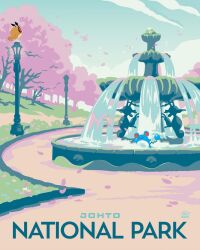  artist_request cherry_blossoms commentary english_commentary english_text fountain grass highres hoothoot hoppip in-universe_location kingdra lamppost marill merchandise_available official_art park petals pikachu pink_petals pokemon pokemon_(creature) pokemon_focus pokemon_gold/silver/crystal second-party_source tree water 