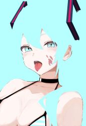  1girl aqua_background aqua_eyes bare_shoulders bikini blending blush choker collarbone commentary hair_between_eyes hatsune_miku highres light_blush looking_at_viewer open_mouth samowasa sidelocks simple_background solo striped_bikini striped_clothes swimsuit tongue tongue_out twintails upper_body vocaloid 
