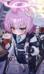  1other 3girls abydos_high_school_logo ahoge armband beretta_1301 black_armband black_gloves black_shoes black_skirt blue_archive blue_eyes blue_necktie blush bulletproof_vest capry chromatic_aberration closed_mouth collared_shirt commentary_request fingerless_gloves foaming_at_the_mouth gloves gun halo harness headpat helmet helmet_gangster_(blue_archive) heterochromia highres holding holding_gun holding_weapon hoshino_(blue_archive) hoshino_(first_year)_(blue_archive) huge_ahoge long_sleeves lying multiple_girls necktie on_back orange_eyes pink_halo plaid_clothes plaid_skirt pleated_skirt sandbag school_uniform shirt shoes short_hair skirt socks solo_focus spoken_blush stairs weapon weapon_case white_shirt white_socks 