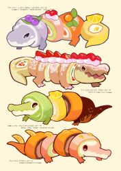  bilingual_text blueberry cake cake_slice chocolate commentary cream creature creature_focus crocodile crocodilian english_commentary food food-themed_creature fruit grey_background highres lemon lemon_slice mandarin_orange matcha_(food) mixed-language_text no_humans okashitofushigi open_mouth orange_(fruit) orange_slice simple_background strawberry swiss_roll 