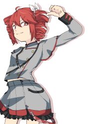  >:) 1girl absurdres ahoge arched_back arm_up belt bright_pupils buttons collared_jacket commentary_request double-breasted double-parted_bangs drill_hair frilled_skirt frills grey_jacket grey_skirt highres jacket kasane_teto kasane_teto_(sv) midriff_peek musical_staff musical_staff_print pointing pointing_at_self pointing_with_thumb red_eyes red_hair red_trim ribbon rsan_deyo shadow shoulder_belt simple_background skirt smile smirk solo synthesizer_v thighs triumph_(expression) twin_drills v-shaped_eyebrows white_background white_pupils white_ribbon zipper_skirt 