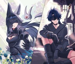  1boy 1girl 2b_(nier:automata) 9s_(nier:automata) absurdres animal_ear_fluff animal_ears arm_on_knee asaba_harumasa black_dress black_gloves black_hair black_hairband blindfold boots by_nearreya choker closed_mouth covered_eyes dress fox_ears fox_girl gloves hairband hetero highres hoshimi_miyabi jacket long_hair long_sleeves nier:automata nier_(series) plant puffy_sleeves short_hair shorts sidelocks sitting smile sunlight sword sword_on_back tailless_(zenless_zone_zero) weapon weapon_on_back zenless_zone_zero 
