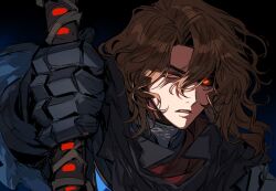  1boy black_background black_gauntlets black_sclera brown_hair colored_sclera glowing glowing_eye granblue_fantasy hair_between_eyes hand_up highres holding holding_weapon keita_kg85 light_frown long_hair looking_at_viewer male_focus orange_eyes parted_lips portrait serious shadow side_part siegfried_(granblue_fantasy) simple_background solo wavy_hair weapon 