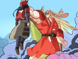  1boy 1girl animal_ears back_cutout bare_shoulders blonde_hair blue_hair broly_(dragon_ball_z) cho_kaguya-hime! clenched_hand clothing_cutout commentary_request crescent crescent_cutout crescent_hair_ornament dragon_ball dragon_ball_z hair_ornament hand_on_another's_head holding horns kaguya_(cho_kaguya-hime!) long_hair looking_at_another lop_rabbit_ears m_s_paragus manlification mikado_akira_(cho_kaguya-hime!) multicolored_hair muscular muscular_female parody rabbit_ears red_hair scene_reference smoke toriyama_akira_(style) two-tone_hair 