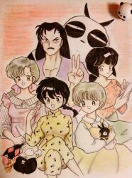 :d animal artist_request bad_id bad_twitter_id black_hair brown_hair clenched_hand closed_mouth colored_pencil_(medium) derivative_work dress facial_hair father_and_child father_and_daughter hand_up happosai highres holding holding_animal knitting long_hair low_ponytail mature_male mustache old old_man open_mouth orange_background orange_shirt p-chan_(ranma_1/2) panda parent_and_child pectoral_cleavage pectorals photoshop_(medium) pig pink_dress ponytail ranma-chan ranma_1/2 saotome_genma_(panda) shirt short_hair siblings sisters smile striped_clothes striped_shirt tendou_akane tendou_kasumi tendou_nabiki tendou_souun traditional_media v v-shaped_eyebrows vertical-striped_clothes vertical-striped_shirt white_hair yellow_dress 
