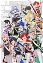  6+boys :d animal_ears anniversary antenna_hair aragami_oga arms_up arurandeisu astel_leda beckoning belt black_choker black_gloves black_hair black_shirt blonde_hair blonde_streaks blue_belt blue_eyes blue_hair blue_streaks bracelet choker clenched_hand commentary_request copyright_name cowboy_shot dark-skinned_male dark_skin demon_horns earrings english_text everyone fist_pump flower glasses gloves gold_trim green_belt green_eyes grey_background grey_hair grin hair_flower hair_ornament half_updo hanasaki_miyabi heterochromia highres hitodama hizaki_gamma holostars holostars_idol_uniform_(movin_on) horns idol_clothes jackal_boy jackal_ears jewelry kageyama_shien kanade_izuru kishido_temma long_hair male_focus medium_hair minase_rio mole mole_under_eye multicolored_hair multiple_boys necklace official_alternate_costume one_eye_closed open_mouth orange_belt orange_eyes orange_hair outstretched_arm outstretched_hand pants pink_belt pink_flower pink_hair pointing pointing_forward purple_belt purple_hair red-framed_eyewear red_belt red_hair rikka_(holostars) sash sharp_teeth shirt short_hair shoulder_sash single_earring single_glove single_horn sleeve_cuffs smile streaked_hair teeth thigh_strap utsugi_uyu v violet_eyes virtual_youtuber waist_cape white_hair white_pants white_streaks xxmabukaxx yatogami_fuma yellow_belt yellow_eyes yukoku_roberu 
