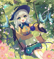  1girl black_hat blouse blush bow buttons commentary_request cover cover_page diamond_button eyeball floral_print flower frilled_shirt_collar frilled_sleeves frills green_eyes green_hair green_skirt hat hat_bow hat_ribbon heart heart_of_string highres holding holding_string komeiji_koishi long_sleeves looking_at_viewer on_swing open_mouth ribbon rose_print shirt short_hair skirt smile solo string swing third_eye touhou tsukikusa wide_sleeves yellow_bow yellow_ribbon yellow_shirt 