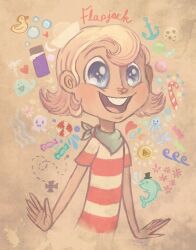  1boy anchor_symbol artist_request blonde_hair blue_eyes brown_background candy candy_cane character_name child chocolate chocolate_chip_cookie cookie fish flapjack_(the_marvelous_misadventures_of_flapjack) flower food green_scarf hat heart highres male_focus octopus open_hands open_mouth painterly pink_flower red_shirt rubber_duck scarf shirt short_sleeves sketch smile striped_clothes striped_shirt the_marvelous_misadventures_of_flapjack third-party_source toon_(style) upper_body water_drop whale white_hat yellow_shirt 