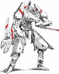  absurdres arm_blade baton_(weapon) facing_to_the_side full_body highres holding holding_baton_(weapon) holding_weapon mecha monochrome morito_(sidonia_no_kishi) profile reverse_grip robot shiokaze1409 sidonia_no_kishi simple_background solo spot_color standing weapon 