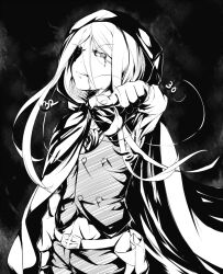  1boy aiming aiming_at_viewer aleister_crowley_(toaru_majutsu_no_index) belt blood blood_on_face cloak commentary_request dark_background greyscale hair_between_eyes hood hood_up hooded_cloak long_hair long_hair_between_eyes long_sidelocks long_sleeves looking_at_viewer male_focus monochrome partial_commentary shin_(highest1192) sidelocks solo spiral toaru_majutsu_no_index toaru_majutsu_no_index:_new_testament v-shaped_eyebrows very_long_sidelocks vest 