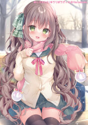  1girl :d bag bare_tree bench black_thighhighs blush bow bowtie brown_hair buttons cardigan commentary_request copyright_notice cowboy_shot green_bow green_eyes green_sailor_collar green_skirt hair_bow long_hair long_sleeves looking_at_viewer miniskirt on_bench open_mouth original outdoors pink_bow pink_bowtie pink_scarf plaid_bow pleated_skirt sailor_collar scarf school_bag school_uniform serafuku shirosei_mochi sitting skirt smile solo thigh-highs tree wavy_hair yellow_cardigan zettai_ryouiki 