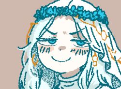  1girl blue_eyes blush_stickers chain dot_nose earrings elden_ring elden_ring_nightreign forehead furrowed_brow gold_chain gold_earrings half-closed_eyes head_wreath jaggy_lines jewelry long_hair lowres middle_part revenant_(elden_ring) sanpaku shirt smile smug solo toshill2 turtleneck upper_body white_hair white_shirt 