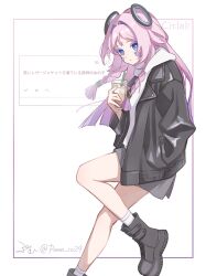  1girl against_wall alternate_costume black_boots black_jacket blue_eyes boots braid braided_sidelocks bubble_tea character_name citlali_(genshin_impact) commentary_request drink facial_mark floating_headgear foot_out_of_frame forehead_mark from_side genshin_impact gradient_hair grey_skirt hand_in_pocket headgear highres holding holding_drink hood hoodie invisible_wall jacket long_hair looking_at_viewer multicolored_hair odaibako open_clothes open_jacket pink_hair pink_pupils pumu_(pumu_co29) purple_hair sidelocks skirt socks solo translation_request triangle triangle_facial_mark two-tone_hair white_background white_hoodie white_socks 