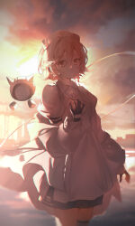  1girl city commentary_request cowboy_shot dress gloves hat highres jacket lake light_smile looking_at_viewer nurse_cap nurse_robot_type_t open_clothes open_jacket rio_(fantasticxiran) robot sunset utau vocaloid zettai_ryouiki 