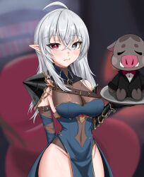  1girl absurdres ahoge armor bare_hips black_gauntlets blue_dress blue_eyes boris_(general_geega) breasts clawed_gauntlets closed_mouth commentary dress elbow_gloves english_commentary fangs gauntlets gav_draws general_geega gloves grey_hair heterochromia highres indie_virtual_youtuber large_breasts leotard long_hair looking_at_viewer plate pointy_ears red_eyes see-through_cleavage see-through_clothes see-through_leotard shoulder_armor single_gauntlet thighs virtual_youtuber wide_hips 