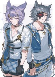  2boys absurdres arms_at_sides black_choker black_gloves blue_eyes blue_jacket blue_shirt blue_shorts choker closed_mouth collarbone collared_shirt commentary_request cowboy_shot cropped_jacket erune eye_mask feower_(granblue_fantasy) gloves granblue_fantasy grey_hair head_tilt highres idol jacket keita_kg85 light_blush long_sleeves looking_at_viewer male_focus mask mole mole_under_eye multicolored_shirt multiple_boys one_eye_closed parted_lips pectoral_cleavage pectorals pink_eyes purple_hair seox_(granblue_fantasy) shirt short_hair short_sleeves shorts simple_background smile sparkle_background standing toned toned_male white_background white_shorts 