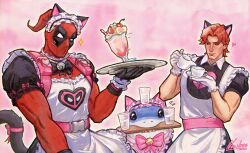  2boys absurdres animal_ears apron black_gloves black_sclera bow cat_ears cat_tail cheekbones colored_sclera commentary crossdressing crossdressing_(mtf) cup deadpool deadpool_(maid-pool) deadpool_(series) english_commentary fake_animal_ears fake_tail gambit gloves heart highres jeff_the_land_shark jeff_the_land_shark_(maid_to_chomp) maid male_focus marvel marvel_rivals milkshake multiple_boys neo_jpeg official_alternate_costume orange_hair pink_bow pouring puffy_short_sleeves puffy_sleeves red_eyes red_mask saucer shark short_hair short_sleeves superhero_costume tail teacup upper_body water white_apron white_gloves x-men 