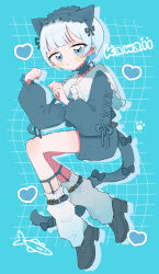  1girl :3 animal_ears black_bow black_choker black_hairband blue_background blue_eyes blue_hair blue_shirt blue_shorts blunt_bangs blush_stickers bow brown_shoes cat_ears cat_girl cat_tail choker closed_mouth commentary_request cross-laced_clothes cross-laced_sleeves drop_shadow frilled_choker frilled_hairband frills full_body grid_background hairband hands_up heart highres long_sleeves looking_at_viewer niyu_(nennenkorori3) original paw_pose shirt shoes short_hair shorts socks solo tail tail_bow tail_ornament white_socks 