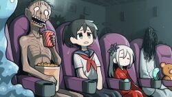  1boy 3girls black_hair closed_eyes commentary_request drinking_straw food hair_over_face halo highres indoors long_hair movie_theater multiple_girls original ponytail popcorn school_uniform serafuku sitting stuffed_animal stuffed_toy takurada teddy_bear the_ring white_hair yamamura_sadako zombie 