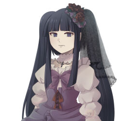  1girl alternate_hair_color azumi-kun big_hair black_hair blue_eyes bow closed_mouth commentary dress english_commentary flower furudo_erika goth_fashion grey_lips hair_flower hair_ornament long_hair looking_at_viewer pink_bow pink_dress red_flower red_rose rose sidelocks simple_background solo twintails umineko_no_naku_koro_ni upper_body white_background white_dress 