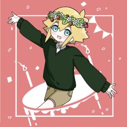  1boy alternate_costume basil_(faraway)_(omori) basil_(omori) blonde_hair blush brown_shorts collared_shirt commentary double-parted_bangs green_sweater hair_between_eyes head_wreath highres long_sleeves looking_at_viewer male_focus nyannyanrone omori open_mouth pink_background shirt shirt_under_sweater shorts sidelocks smile solo sweater white_shirt 