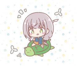  1girl :d animal barefoot blue_kimono blush_stickers braid brown_skirt chibi commentary_request cosplay fishing_rod green_eyes grey_hair highres holding holding_fishing_rod hololive japanese_clothes kimono long_hair mitarashi_neko notice_lines shirogane_noel sitting skirt smile solo turtle urashima_tarou urashima_tarou_(cosplay) urashima_tarou_(fairy_tale) very_long_hair virtual_youtuber 