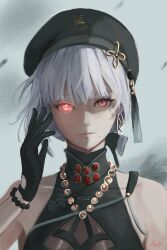  1girl absurdres bare_shoulders bead_necklace beads beret black_gloves black_hat black_shirt breasts chucky_(chucky1000sun) closed_mouth commentary_request gloves glowing glowing_eye grey_hair hand_up hat highres jewelry looking_at_viewer medium_breasts mismatched_irises mole_beside_mouth necklace portrait red_eyes sanhua_(wuthering_waves) shirt signature sleeveless sleeveless_shirt solo tacet_mark_(wuthering_waves) wuthering_waves 