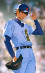  1boy ace_of_diamond adjusting_clothes adjusting_headwear ball baseball baseball_cap baseball_jersey baseball_mitt baseball_uniform belt belt_buckle blue_hat blue_shirt blurry blurry_background brown_hair buckle closed_mouth hat highres holding holding_ball jersey layered_clothes long_sleeves male_focus orange_eyes pants sawamura_eijun shirt shirt_tucked_in sketch solo sportswear unfinished white_pants white_shirt ykim01989882 