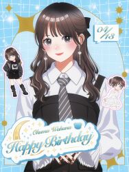  1girl absurdres animification bear black_shirt black_shorts brown_hair bug butterfly character_name closed_mouth collared_shirt commentary_request dated diagonal-striped_clothes diagonal-striped_necktie dress earrings fingernails frilled_sleeves frills fur_trim hair_ribbon hand_on_own_hip happy_birthday highres jacket jewelry layered_clothes lips long_hair long_sleeves looking_at_viewer mole moon multiple_views nail_polish necktie official_alternate_costume ookuma_wakana open_clothes open_jacket paruchi real_life ribbon shirt shorts smile sparkle striped_clothes voice_actor white_dress wing_collar 