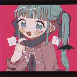  1girl :d bat_wings black_ribbon blush collared_shirt commentary_request ear_piercing fang frilled_shirt_collar frills green_eyes green_hair hair_ribbon hatsune_miku highres letterboxed long_hair long_sleeves looking_at_viewer mask mask_pull mini_wings mouth_mask neck_ribbon niyu_(nennenkorori3) open_mouth outside_border piercing pink_background pink_shirt ribbon shirt sidelocks simple_background skin_fang smile solo twintails upper_body vampire_(vocaloid) vocaloid wings 
