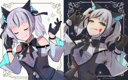  1girl :p adversarial_noise aikawa_megumi animal_ear_fluff animal_ears bare_shoulders belt black_background black_belt black_bow black_bowtie black_gloves black_streaks black_vest blood blood_on_face blunt_bangs blush bow bowtie brooch center_frills closed_eyes closed_mouth clothing_cutout commentary dutch_angle eyelashes facing_viewer frilled_skirt frilled_sleeves frills furrowed_brow glint gloves green_eyes grey_hair hands_up heaven_burns_red highres jewelry licking_lips long_sleeves looking_at_viewer medium_hair multicolored_hair muratoamado official_alternate_costume shirt shoulder_cutout simple_background skirt smile smug solo streaked_hair sugawara_chie sugawara_chie_(feral_insanity) tail tongue tongue_out twintails twitter_username upper_body vest white_background white_hair white_shirt wide_sleeves wolf_ears wolf_girl wolf_tail 
