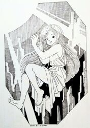  1girl artist_name bare_arms barefoot belt commentary_request crosshatching dated dress full_body greyscale hatching_(texture) linear_hatching long_hair looking_up monochrome original parted_lips sleeveless sleeveless_dress smile solo sun sunlight traditional_media very_long_hair zpihr6jprso2r2l 