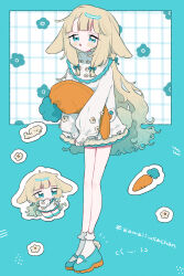  1girl animal_ears blonde_hair blue_background blunt_bangs blush_stickers bobby_socks carrot chibi commentary_request dress floppy_ears full_body green_eyes green_shoes highres long_hair long_sleeves looking_at_viewer multiple_views niyu_(nennenkorori3) open_mouth original outline rabbit_ears rabbit_girl rabbit_tail shoes short_dress socks standing stuffed_food tail white_dress white_outline white_socks 