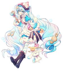  1girl absurdres animal apron aqua_eyes aqua_hair asymmetrical_legwear blue_bow blue_dress blue_eyes blue_hair blue_sleeves blush boots bow bowtie bread brown_boots brown_hat character-themed_food closed_mouth commentary_request cookie dessert detached_sleeves doughnut dress dress_bow food food-themed_clothes food-themed_hat_ornament frilled_apron frills fruit full_body fur-trimmed_dress fur-trimmed_sleeves fur_trim hair_between_eyes hair_ornament hat hat_ornament hatsune_miku highres holding holding_key key knee_boots long_hair long_sleeves looking_at_viewer mismatched_legwear necktie official_alternate_costume official_alternate_hairstyle pantyhose pink_necktie puffy_sleeves rabbit_yukine rumi_(rarumi11) short_sleeves simple_background smile snowflake_print striped_clothes striped_pantyhose twintails two-tone_sleeves very_long_hair vocaloid wavy_hair white_apron white_background yuki_miku yuki_miku_(2026) 