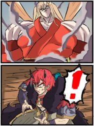  ! 1boy 1girl animal_ears bare_shoulders blonde_hair blue_hair broly_(dragon_ball_z) cho_kaguya-hime! crescent crescent_hair_ornament dragon_ball dragon_ball_z hair_ornament highres horns kaguya_(cho_kaguya-hime!) long_hair lop_rabbit_ears m_s_paragus manlification mikado_akira_(cho_kaguya-hime!) multicolored_hair muscular muscular_female parody rabbit_ears red_hair scene_reference smoke spoken_exclamation_mark sweat toriyama_akira_(style) two-tone_hair upper_body 