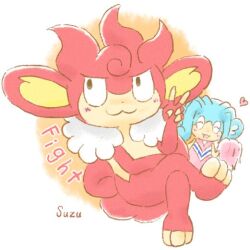  2others :3 black_eyes blush_stickers cheerleader commentary_request crossed_legs english_text full_body holding holding_pom_poms multiple_others pokemon pokemon_(creature) pom_pom_(cheerleading) signature simipour simisear sitting suzutician v 