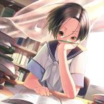  balancing black_hair blush book bookshelf brown_eyes chin_rest curtains desk kobayakawa_rinko love_plus makokujira open_book paper pencil school_uniform serafuku short_hair solo studying sunlight wind 