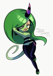  1girl alien barefoot blue_eyes colored_sclera colored_skin english_text full_body gift_art green_hair green_skin half-closed_eyes hand_in_own_hair hand_on_own_hip highres horns kohane01 lizard_tail long_hair looking_at_viewer multicolored_skin one_eye_closed open_mouth orange_lips pink_nails single_horn smile solo sonic_(series) sonic_lost_world striped_horns tail very_long_hair white_background yellow_sclera zeena 