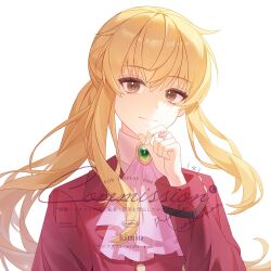  1other ascot blonde_hair brown_eyes brown_pupils commentary_request floating_hair gem green_gem highres kimioharuka looking_at_viewer low_ponytail other_focus pink_ascot ponytail red_suit sidelocks simple_background suit umineko_no_naku_koro_ni ushiromiya_lion watermark white_background 