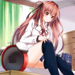  alarm_clock bag bed black_legwear blush brown_eyes brown_hair chest_of_drawers clock curtains dressing hair_ribbon long_hair looking_at_viewer ok-ray on_bed original pleated_skirt ribbon school_bag sitting skirt smile solo thigh-highs thighhighs tororo_inniina window 