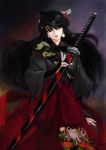  arm_guards black_hair chrysanthemum copyright_request earrings flower hair_ornament japanese_clothes jewelry kimono long_hair looking_away pon red_eyes sheath sheathed solo sword weapon 